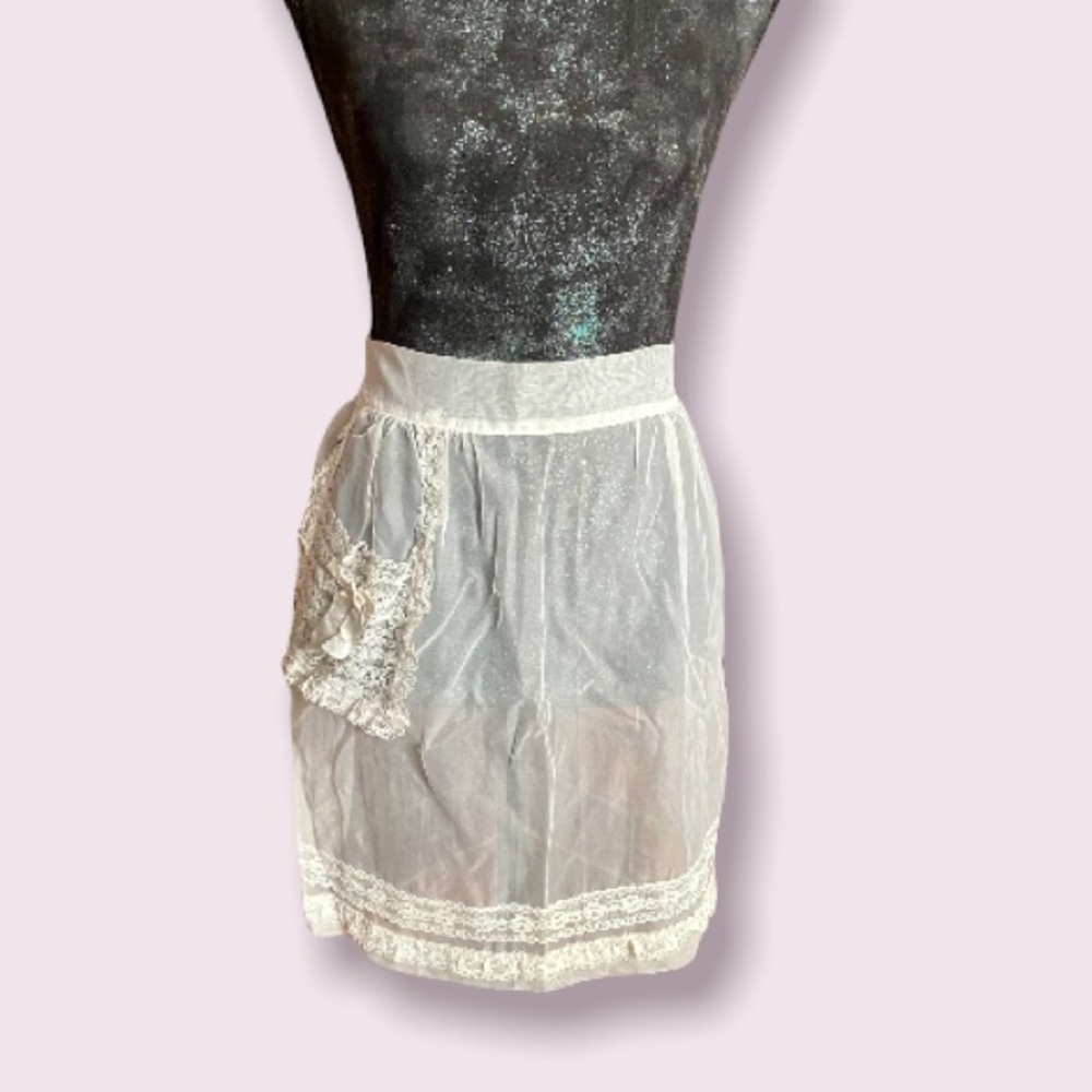 Vintage Sheer Ivory Half Apron with Lace Pocket and Trim